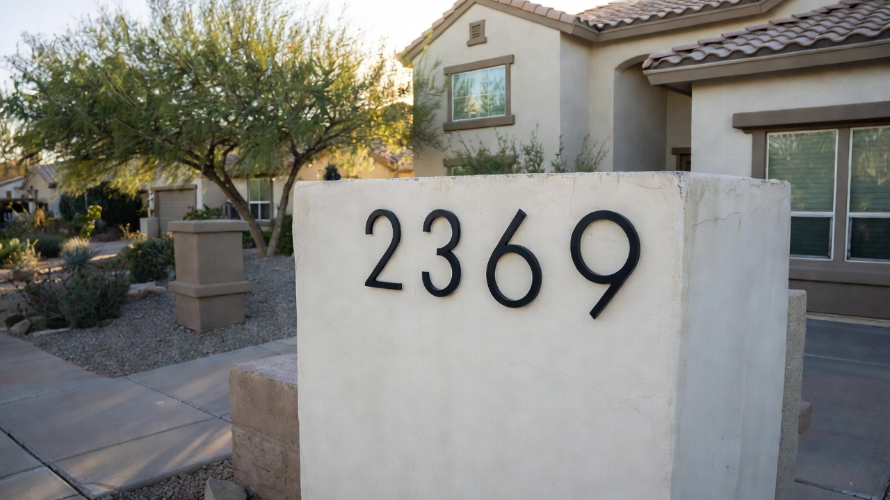 Modern Mesa home with visible address feature